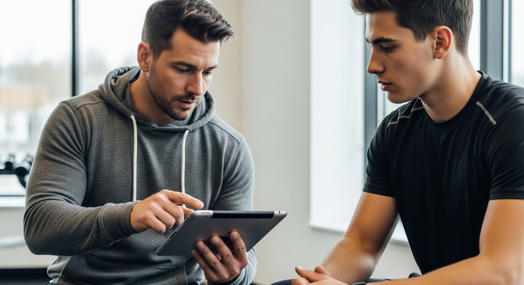 Ein Personal Trainer erklärt einem Athleten den Trainingsplan auf einem Tablet.