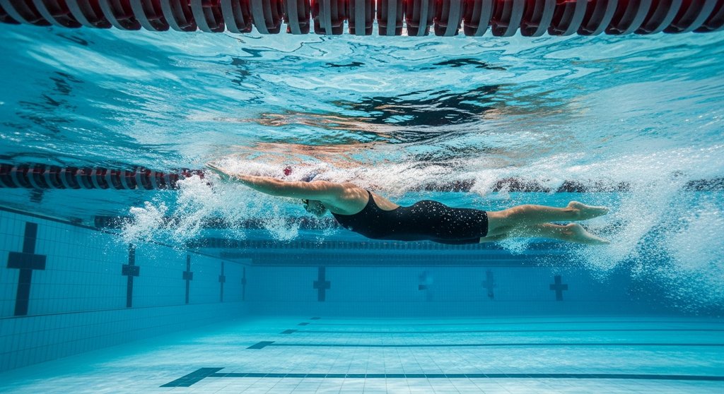 Ein Schwimmer stößt sich für ein schnelles Intervall im Schwimmbecken kraftvoll von der Wand ab.