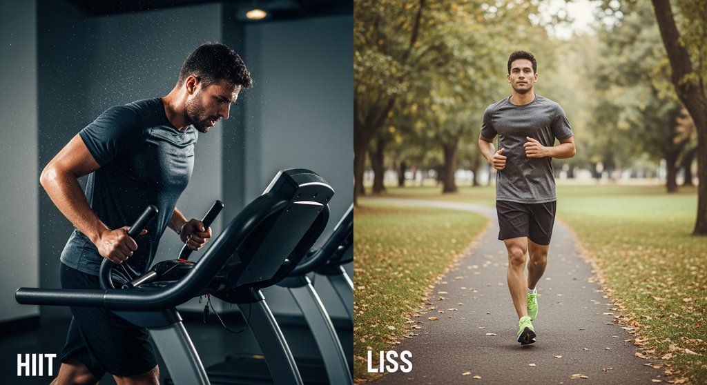 Visueller Vergleich der Fettverbrennung: HIIT vs. LISS (moderates Ausdauertraining) – wissenschaftlich belegt.