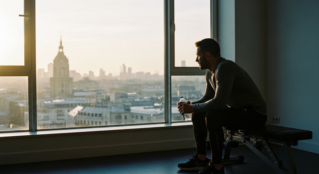 Ein Sportler regeneriert nach einem intensiven Gibala-Workout und blickt aus dem Fenster.