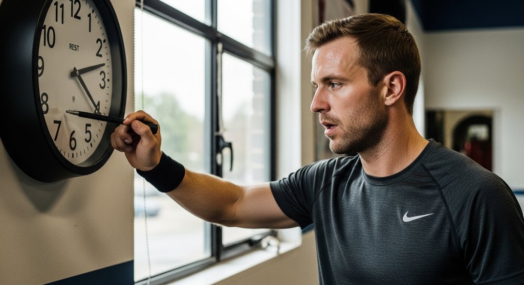 Ein Sportler stoppt seine kurze Pause während eines Kraftausdauer-Workouts an einer großen Fitnessstudio-Uhr.