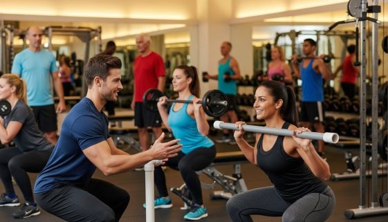 Ein Trainer erklärt einem Anfänger in seiner ersten Cross-Training Stunde eine Übung.