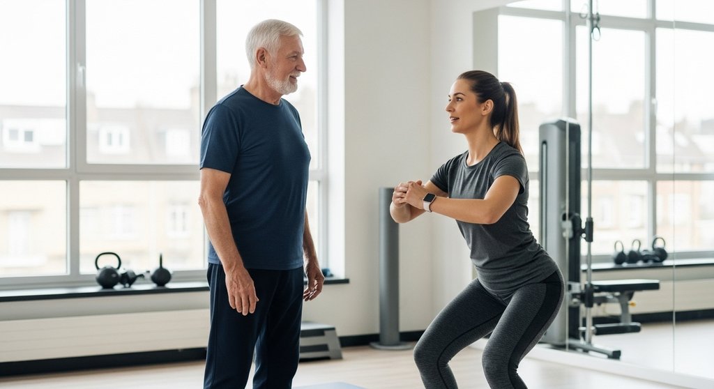 Ein Trainer erklärt einem Senior die richtige Übungsausführung für sicheres Crosstraining.