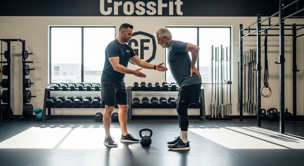 Ein Trainer korrigiert die Haltung eines älteren Athleten beim Crosstraining.
