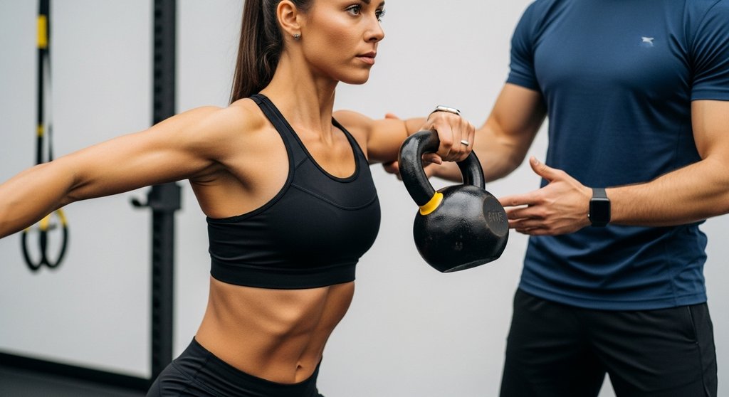 Ein Trainer korrigiert die saubere Technik eines Athleten beim Kettlebell-Swing im Crosstraining.
