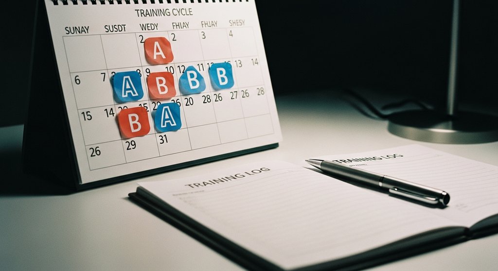 Ein Trainingskalender zeigt den abgeschlossenen alternierenden Ganzkörperplan und den Übergang zu einer neuen Trainingsphase.