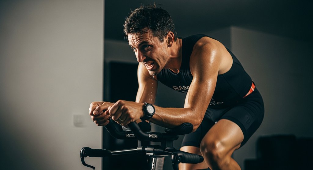 Ein Triathlet absolviert eine intensive HIIT-Einheit auf dem Indoor-Bike.