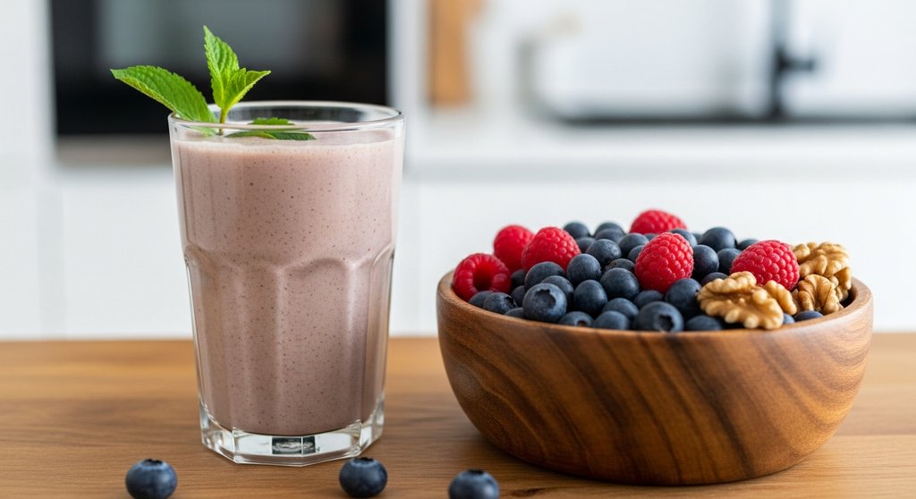 Ein veganer Post-Workout-Shake in einem Glas neben einer Schale mit frischen Beeren und Nüssen. Prompt: Editorial style photography, medium shot of a delicious-looking vegan protein shake in a tall glass, garnished with a mint leaf. Next to it, a rustic wooden bowl filled with fresh blueberries, raspberries, and a few walnuts. The background is slightly blurred (bokeh), showing a modern, bright kitchen. The lighting is natural and soft, creating a healthy and inviting atmosphere. Shot on a DSLR camera with a 50mm lens, true-to-life colors, visible texture on the wooden surfaces.