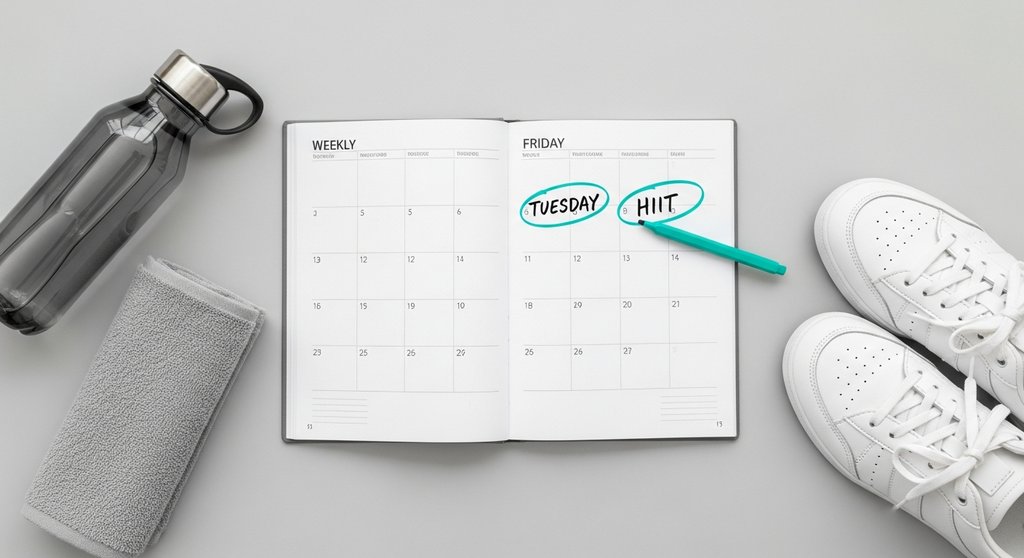 Ein Wochenplaner mit eingetragenen HIIT-Trainingstagen symbolisiert die Wichtigkeit der Trainingsfrequenz.