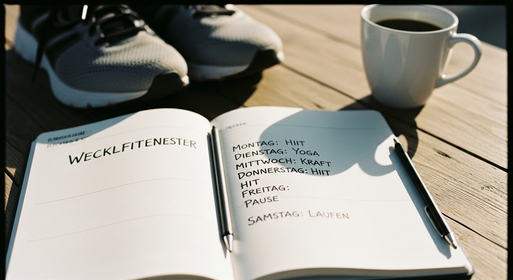 Ein Wochenplaner-Notizbuch zeigt eine beispielhafte, ausgewogene Trainingswoche mit HIIT und Regeneration.