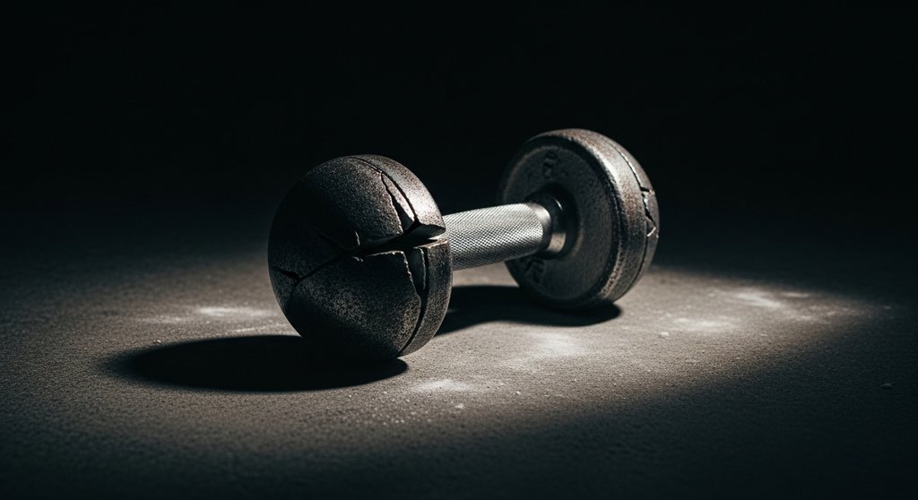 Eine alte, rissige Hantel als Symbol für die Risiken und versteckten Kosten von Training bis zum Muskelversagen.