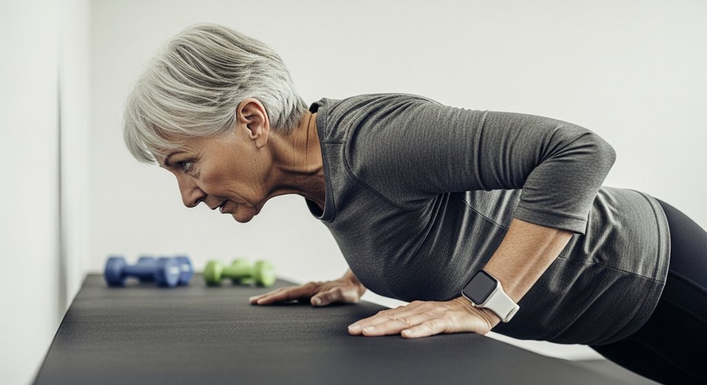 Eine ältere Frau beim HIIT-Training mit einer Wand-Liegestütze. Medium shot of a fit senior woman in her late 60s performing a modified wall push-up in her home gym. She is focused and determined. The background is slightly blurred, showing some home fitness equipment like light dumbbells. The lighting is bright and even. High resolution photography, shot on 35mm film, muted tones with a slight film grain, capturing the realness and effort of the moment. → Eine fitte Seniorin macht konzentriert eine Wand-Liegestütze als Teil ihres HIIT-Workouts.