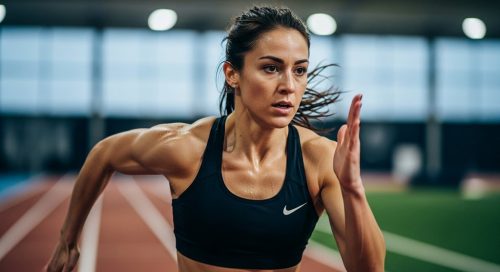 Eine Athletin beim intensiven HIIT-Sprint, die die hormonelle Antwort des Körpers auf das Training symbolisiert.