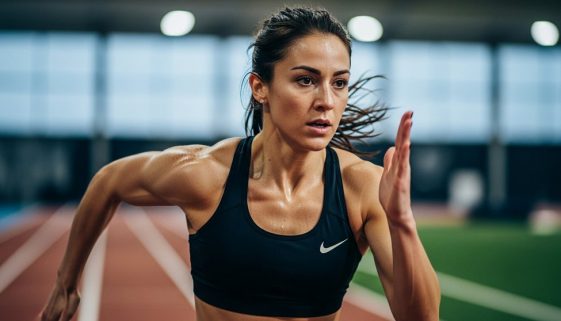 Eine Athletin beim intensiven HIIT-Sprint, die die hormonelle Antwort des Körpers auf das Training symbolisiert.
