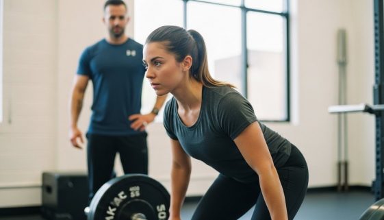 Eine Athletin bereitet sich unter Aufsicht ihres Coaches konzentriert auf eine Übung im Crosstraining vor, um Verletzungen zu vermeiden.