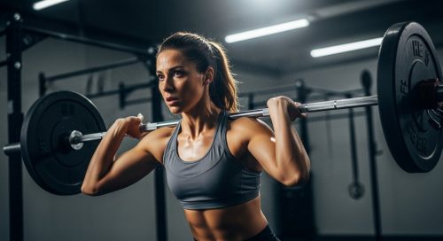 Eine Athletin führt den Snatch (Reißen) mit perfekter Technik und hoher Konzentration aus.