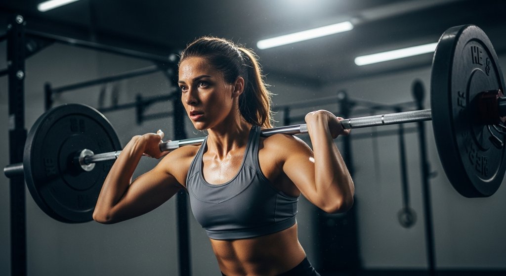 Eine Athletin führt den Snatch (Reißen) mit perfekter Technik und hoher Konzentration aus.