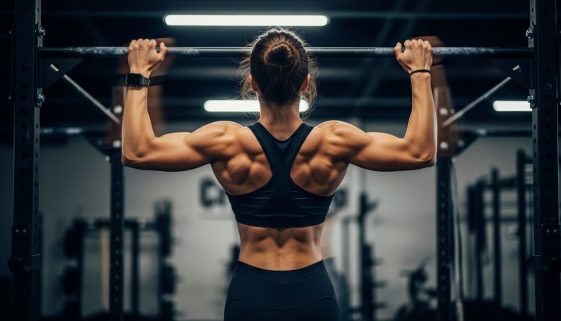 Eine Athletin führt einen perfekten Butterfly Pull Up mit dynamischer Bewegung aus.