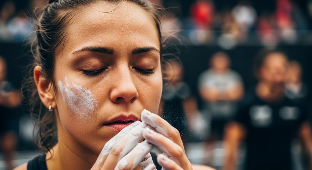 Eine Athletin konzentriert sich tief vor einer Übung bei einem Crosstraining-Wettkampf.
