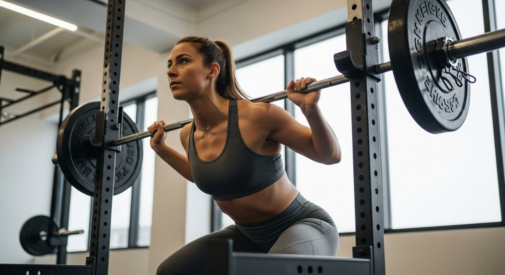 Eine Athletin macht schwere Kniebeugen als Teil ihres Push-Pull-Beine Trainingsplans.