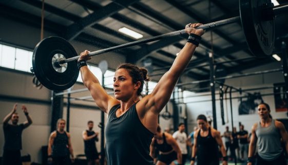 Eine Athletin stemmt bei einem Crosstraining Wettkampf fokussiert eine Langhantel.