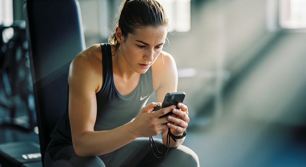 Eine Athletin stoppt ihre Pausenzeit während des Hypertrophietrainings zur Optimierung der Regeneration.