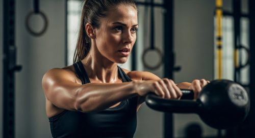 Eine athletische Frau führt mit konzentriertem Blick eine Übung in einem Kraftausdauer-Trainingsplan aus.