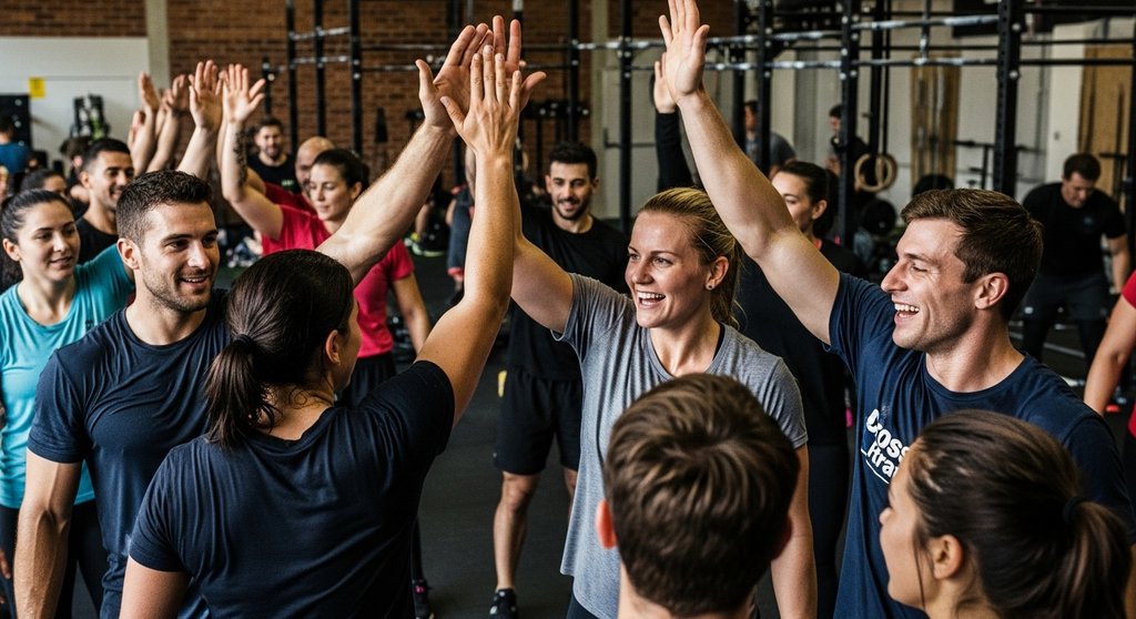 Eine CrossTraining-Community feiert gemeinsam den Abschluss eines Workouts.