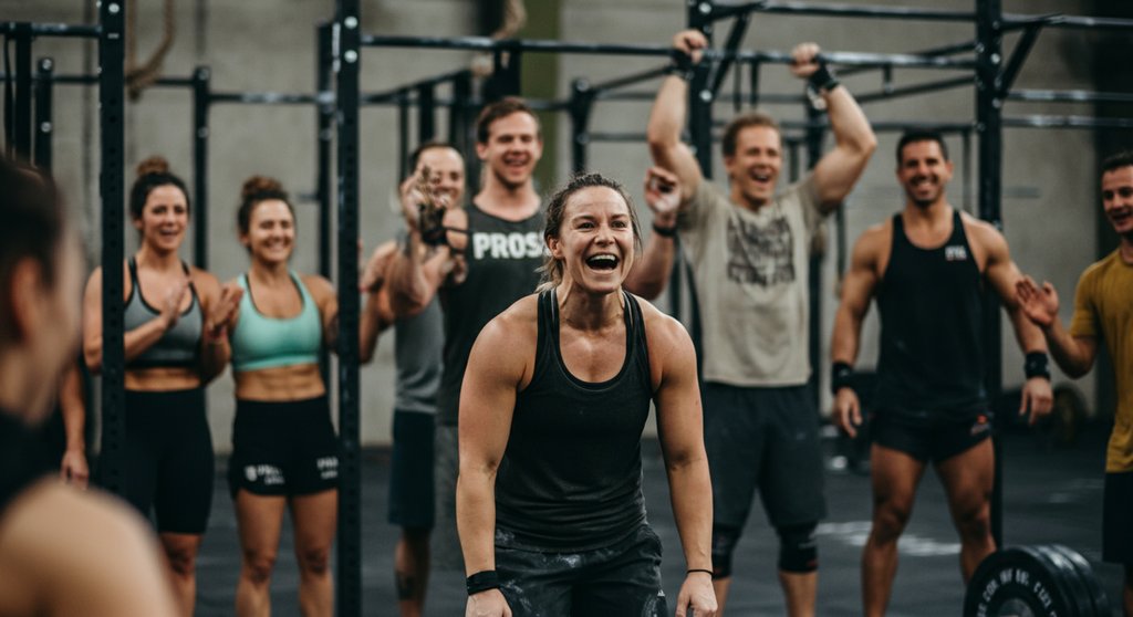 Eine diverse CrossTraining-Gemeinschaft feuert eine Athletin nach dem Workout an und widerlegt den Mythos des elitären Clubs.