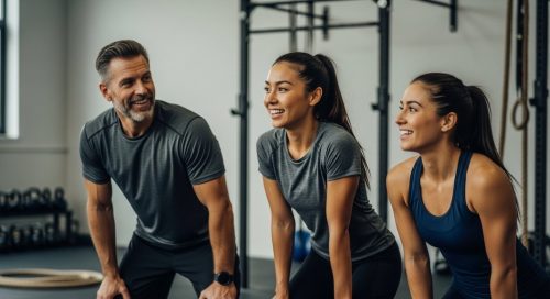 Eine diverse Gruppe von Sportlern unterstützt sich gegenseitig nach einem CrossTraining-Workout bei Octofit. Eine diverse Gruppe von Sportlern unterstützt sich gegenseitig nach einem CrossTraining-Workout bei Octofit.