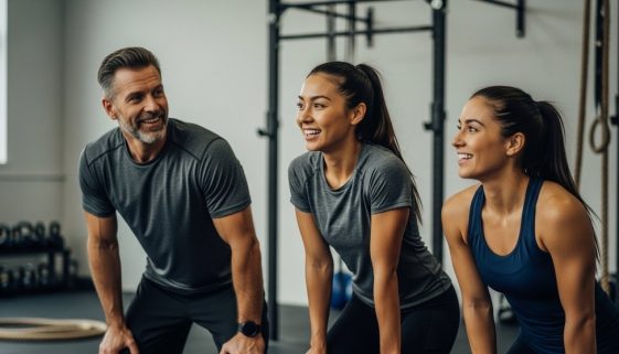 Eine diverse Gruppe von Sportlern unterstützt sich gegenseitig nach einem CrossTraining-Workout bei Octofit.