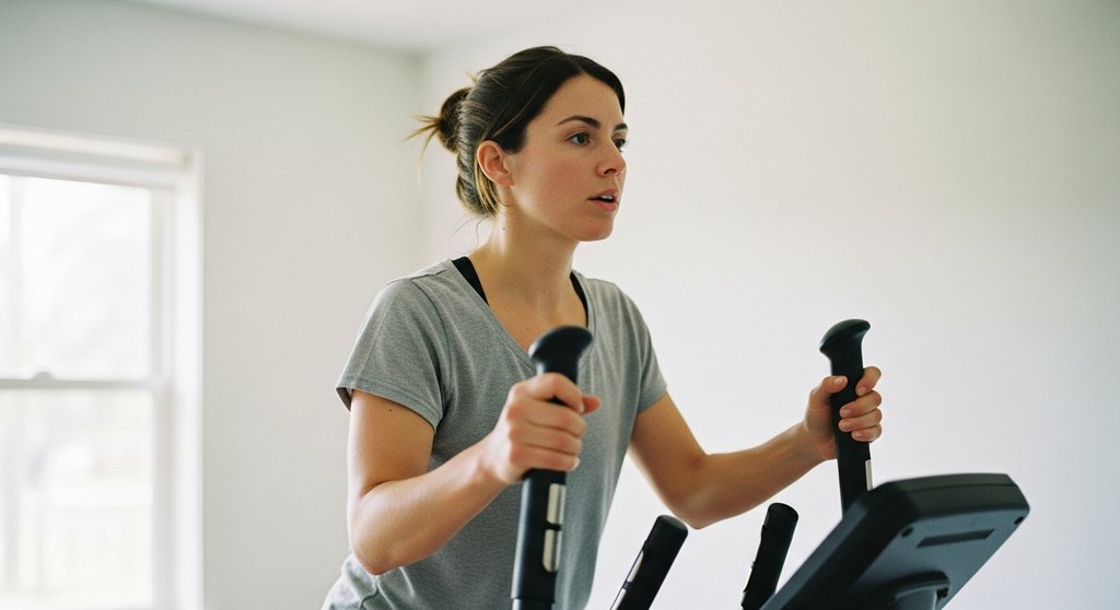 Eine Frau beginnt ihr postpartales Training konzentriert auf einem Crosstrainer.