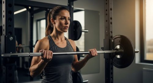 Eine Frau bereitet sich konzentriert auf das Langhanteltraining vor und blickt entschlossen auf die Stange. Eine Frau bereitet sich konzentriert auf das Langhanteltraining vor und blickt entschlossen auf die Stange.