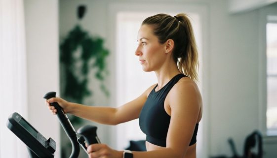 Eine Frau demonstriert die korrekte aufrechte Haltung auf dem Crosstrainer für ein effektives Workout. Prompt: Medium shot of a focused woman in her late 30s on a crosstrainer, demonstrating perfect upright posture. Her back is straight, shoulders are back, and she is looking forward with determination. The setting is a modern, minimalist home gym with soft, natural light. The shot is from the side to clearly show her form. Shot on a 35mm camera, Kodak Portra 400 style, with a slight film grain and a blurred background to emphasize her posture. Candid feel, visible skin texture.
