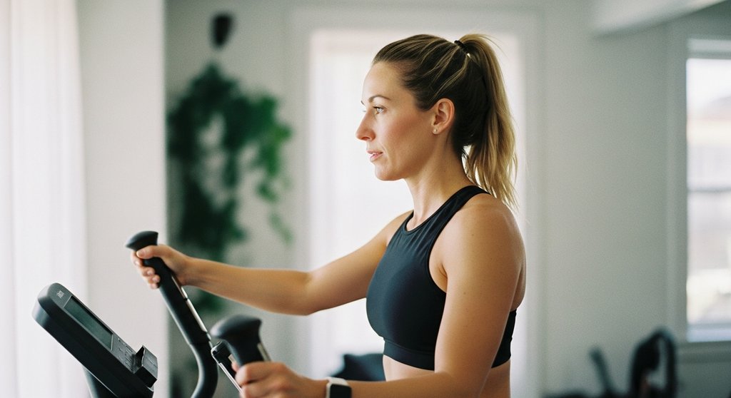 Eine Frau demonstriert die korrekte aufrechte Haltung auf dem Crosstrainer für ein effektives Workout. Prompt: Medium shot of a focused woman in her late 30s on a crosstrainer, demonstrating perfect upright posture. Her back is straight, shoulders are back, and she is looking forward with determination. The setting is a modern, minimalist home gym with soft, natural light. The shot is from the side to clearly show her form. Shot on a 35mm camera, Kodak Portra 400 style, with a slight film grain and a blurred background to emphasize her posture. Candid feel, visible skin texture.