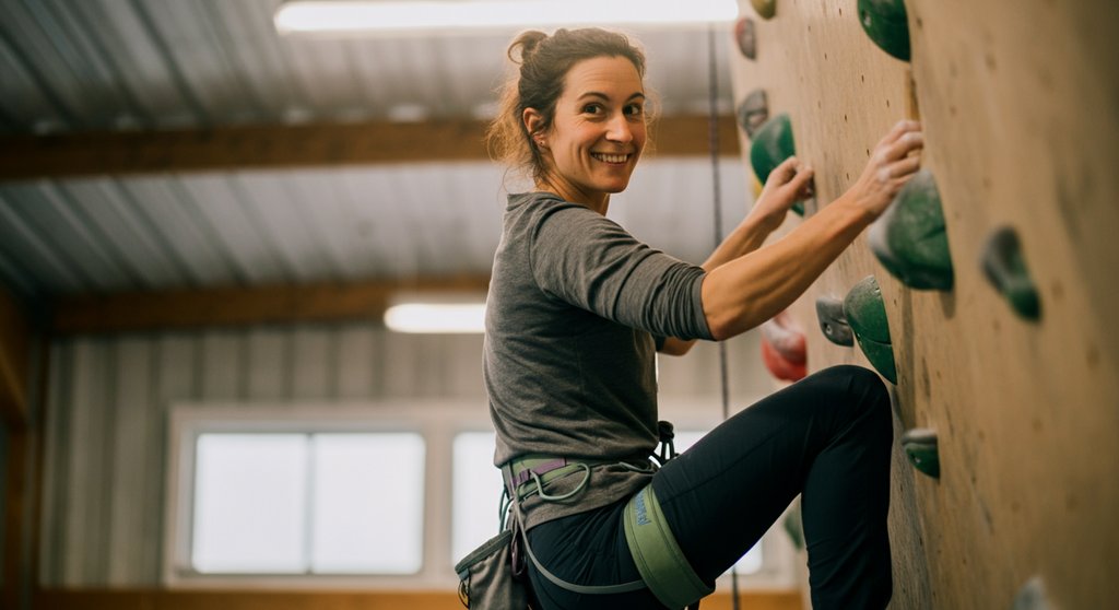 Eine Frau entdeckt beim Klettern neue Motivation, ein mentaler Vorteil von Crosstraining.