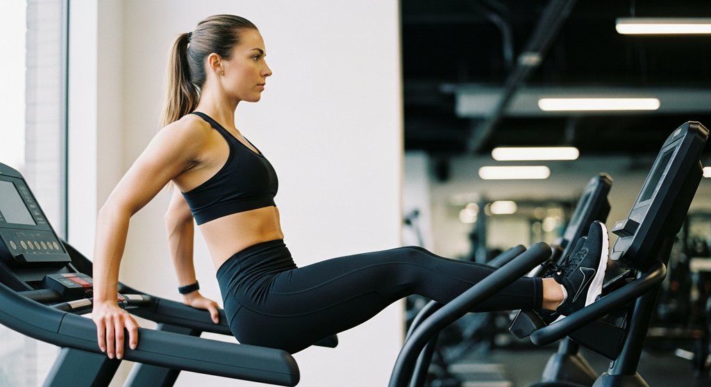 Frau macht Kickbacks beim HIIT auf dem Stairmaster zur Variation und fĂĽr die Pomuskulatur.