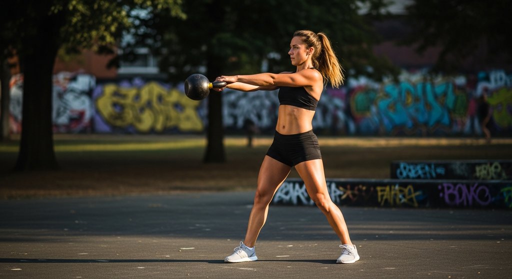 Athletin macht einen Kettlebell Swing als Teil ihres funktionellen Bodybuilding Trainings.
