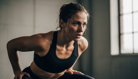 Eine Frau führt einen intensiven Squat Jump während ihres HIIT-Workouts für die Beine aus.