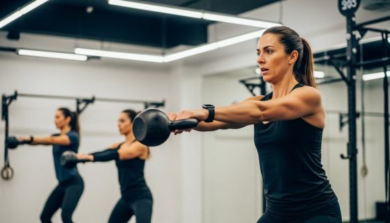 Eine Frau führt einen Kettlebell Swing beim Crosstraining in einer Fitness-Box aus.
