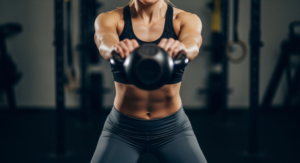Eine Frau führt einen kraftvollen Kettlebell Swing in einer Cross-Training-Box aus.