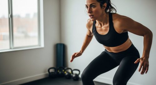 Eine Frau führt konzentriert ein intensives HIIT Workout durch, um ihre Fitness zu steigern. Eine Frau führt konzentriert ein intensives HIIT Workout durch, um ihre Fitness zu steigern.