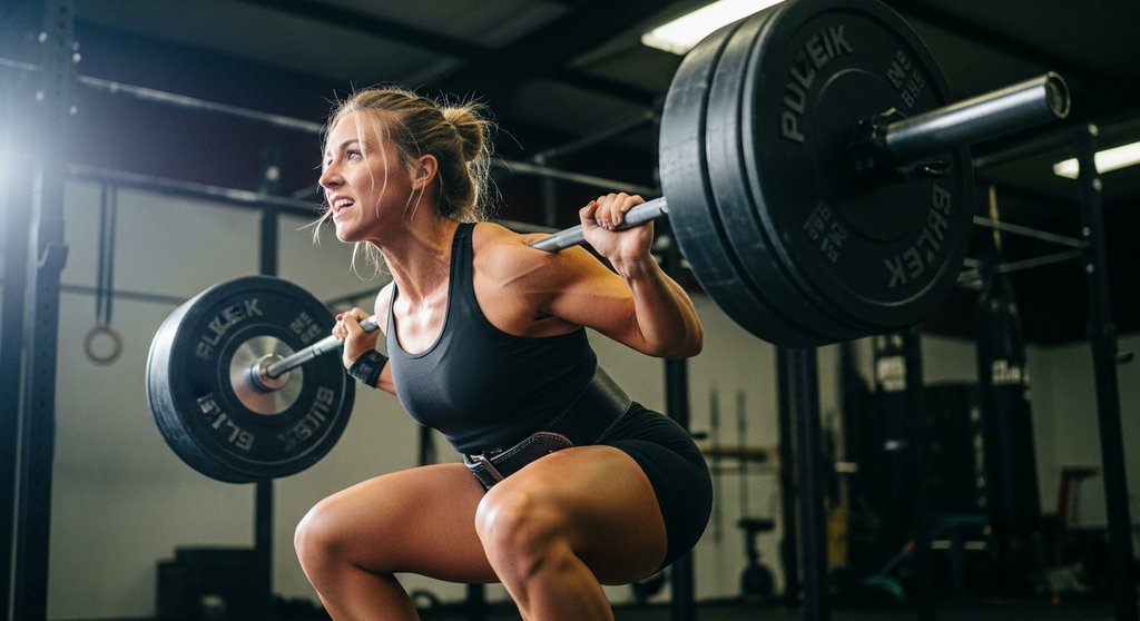 Eine Frau führt schwere Kniebeugen als Teil ihres Unterkörper-Trainings im 2er Split aus.