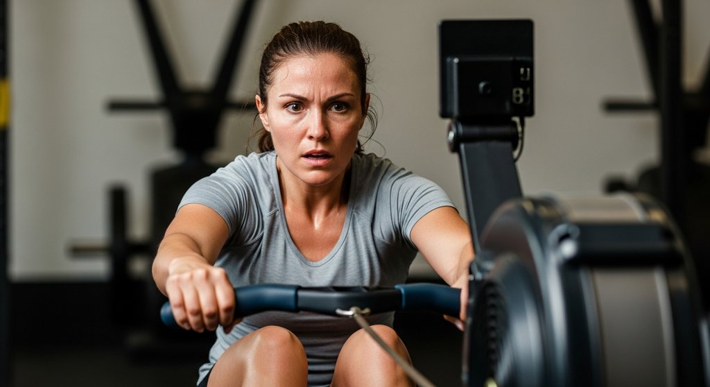 Eine Frau gibt alles bei einem hochintensiven Intervall auf dem Rudergerät.