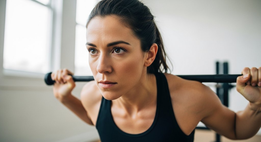 Eine Frau macht eine Kniebeuge während ihres Bodyweight EMOM Workouts zu Hause.