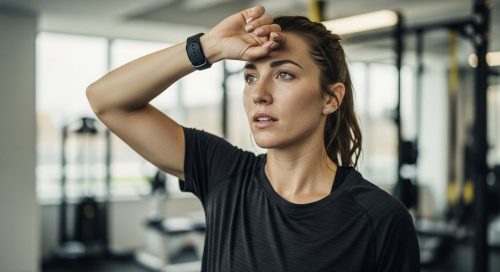 Eine Frau macht eine kurze Pause während ihres an ihren Zyklus angepassten HIIT-Trainings. Eine Frau macht eine kurze Pause während ihres an ihren Zyklus angepassten HIIT-Trainings.
