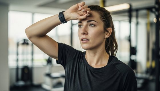 Eine Frau macht eine kurze Pause während ihres an ihren Zyklus angepassten HIIT-Trainings.