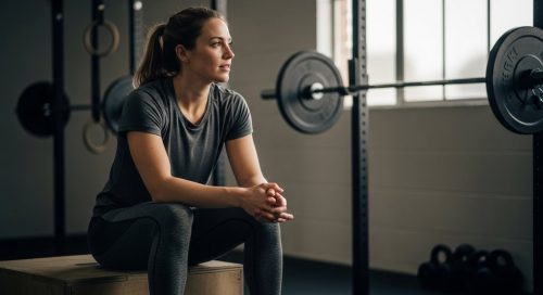 Eine Frau sitzt nachdenklich in einer Crossfit-Box und plant ihren Wiedereinstieg ins Training nach der Geburt.