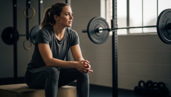 Eine Frau sitzt nachdenklich in einer Crossfit-Box und plant ihren Wiedereinstieg ins Training nach der Geburt.