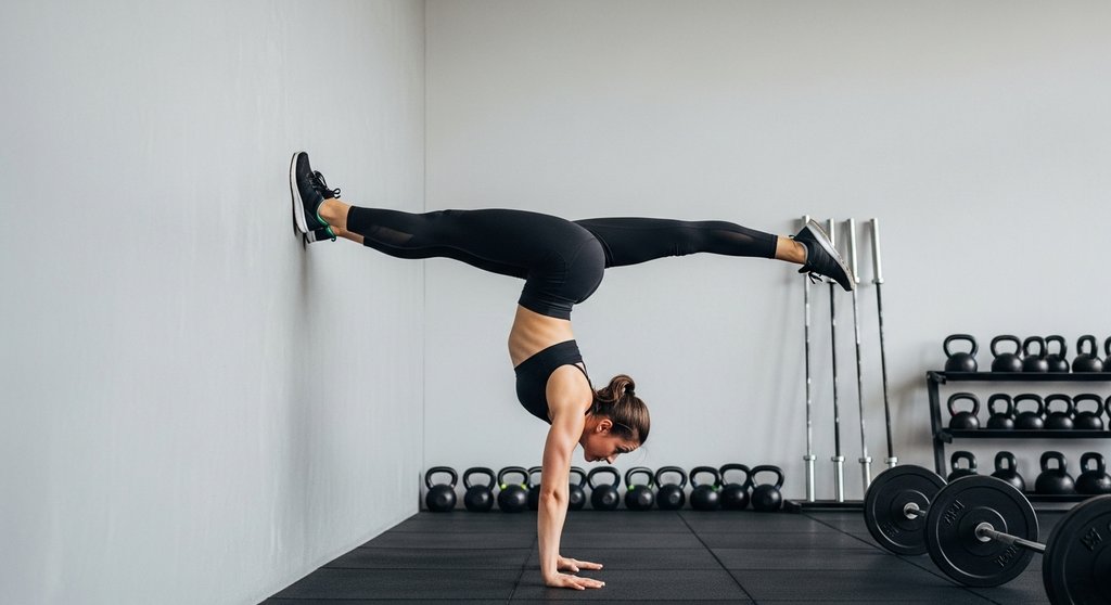 Eine Frau übt den seitlichen Handstand Walk an einer Wand zur Verbesserung der Koordination.